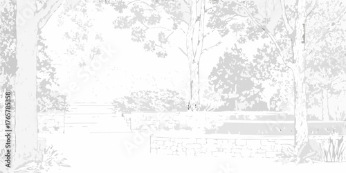 Serene park landscape with stone walls and trees in a minimalist white and gray sketch style