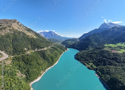 drone shot of mountain lake in the alps