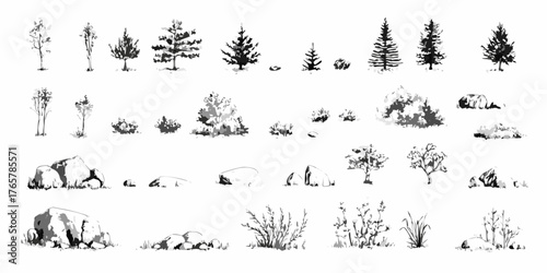 Collection of hand drawn black and white illustrations of various trees bushes rocks and grass elements