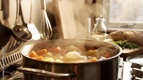 A steaming pot of vegetable soup simmering on a stove with fresh ingredients in a cozy kitchen