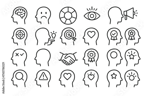 A set of outline icons illustrating various aspects of human psychology and behavior. Icons for presenting marketing strategies, consumer psychology, or education.