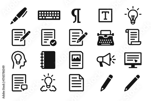 A set of black outline icons illustrating various aspects of writing, creativity, and working with documents.