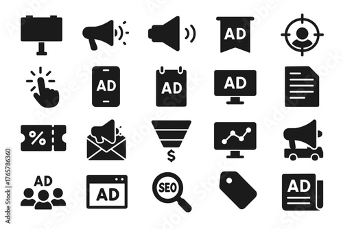 A set of black icons related to advertising, marketing, and digital technologies.