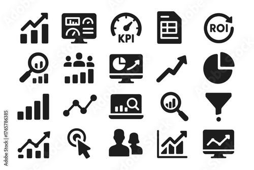 A set of black-and-white illustrations for concepts related to business analytics, key performance indicators (KPIs), return on investment (ROI), and data management.