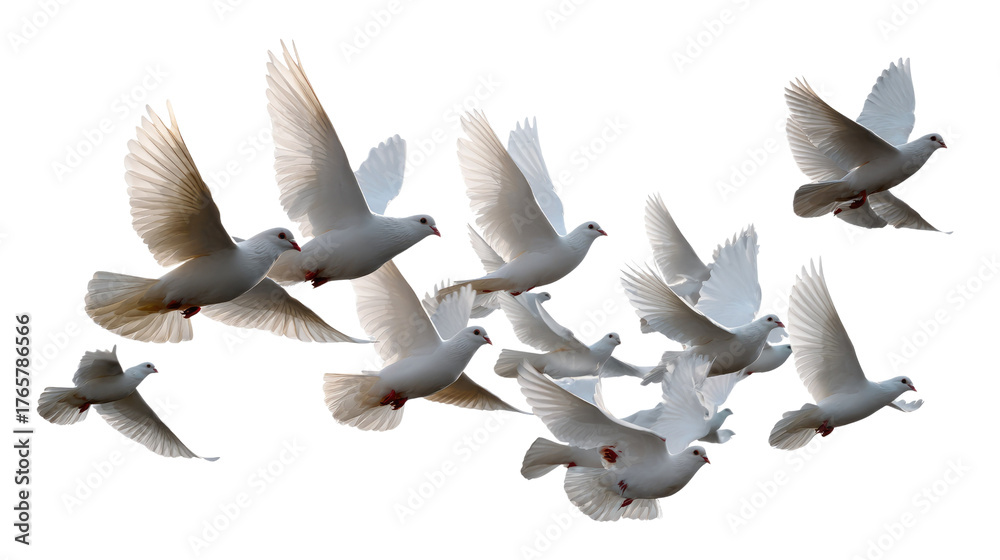 Obraz premium Soaring Symbolism: A flock of pristine white doves take flight, their wings catching the light. Each dove becomes a messenger of hope, peace, and freedom.