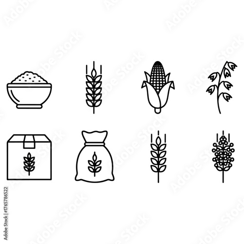 Grains and Cereals Line Art Icons Collection, Agriculture Crops Food Products Vector Set