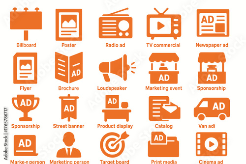 A set of icons representing various types of advertising and marketing tools. All icons are designed in a uniform style with orange color.