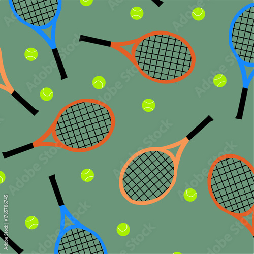 Seamless Tennis Racket and Ball Pattern. Sport background design. Perfect for fabric prints, wallpapers, packaging, or web designs related to sports