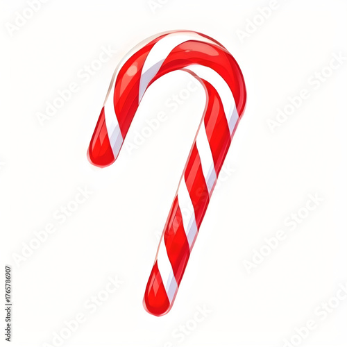 Candy Cane Festive Treat: A single candy cane, adorned with vibrant red and white stripes, stands as a cheerful symbol of holiday season treats and sugary delight.
