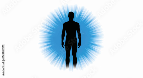 A human silhouette with a radiating blue aura. Spiritual energy field, life force, and soul concept. Minimalist vector illustration.