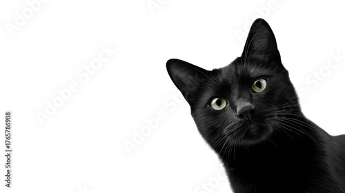 Intrigued Glance of Black Cat: An elegant black cat peers with curiosity, its gaze captivating against the backdrop. Capturing the essence of feline grace and intrigue.