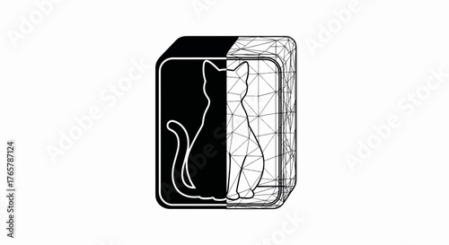 3D cat modeling icon showing a wireframe and solid silhouette. Vector illustration of digital design and computer graphics.