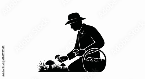 Mushroom hunter silhouette vector illustration. A man foraging for wild fungi with a basket. Minimalist icon for mycology and outdoor hobbies