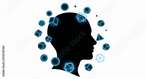 Abstract concept of a mind with glowing geometric shapes. Vector illustration for science, psychology, and artificial intelligence