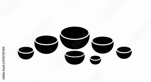 Singing bowls icon set for meditation and sound healing. Minimalist black glyph symbols for wellness and yoga. Flat vector illustration isolated on a white background