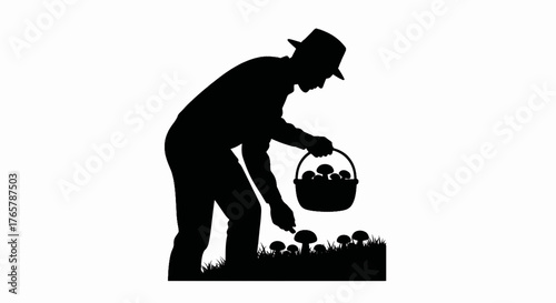 Silhouette of a man picking mushrooms. Foraging and mushroom hunting vector icon. Simple graphic illustration of a person with a basket