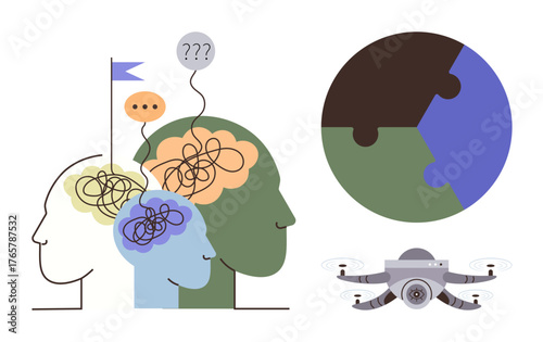 Human profiles with tangled thoughts, speech bubbles, and quadcopter alongside a puzzle-piece globe. Ideal for teamwork, problem-solving, innovation, communication, leadership, global thinking