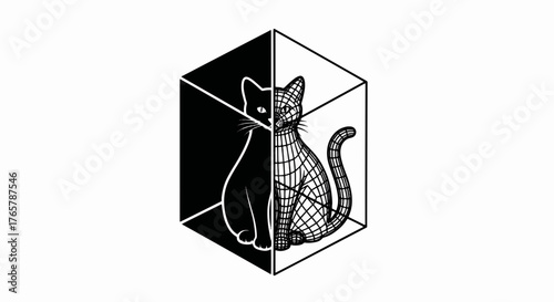Conceptual vector illustration of Schrödinger's cat. Duality concept with silhouette and 3d wireframe styles. Minimalist black and white graphic icon