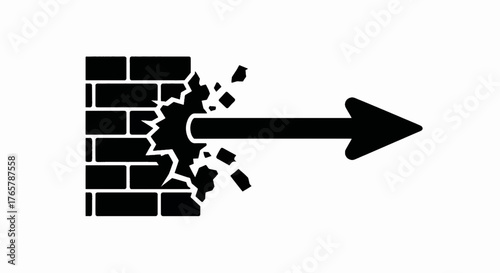 Arrow breaking through a brick wall icon. Breakthrough, success, and overcoming obstacles concept. Minimalist flat design vector illustration