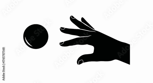 Hand reaching for a sphere vector icon. Black and white silhouette graphic. Minimalist design for concepts of magic and control