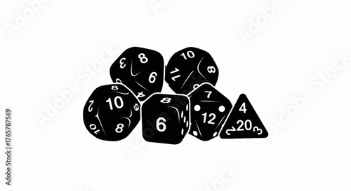 Set of polyhedral dice for role-playing games. Black and white silhouette vector illustration. Minimalist RPG gaming icon