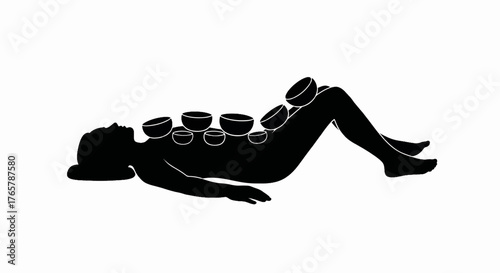 A silhouette illustration of sound healing therapy. Person receiving a sound bath with Tibetan singing bowls on their body. Minimalist vector graphic for wellness, meditation, and relaxation concepts
