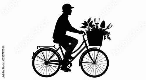 Silhouette of a gardener riding a bicycle with plants and tools. Minimalist vector illustration of a cyclist. Sustainable lifestyle and urban farming concept