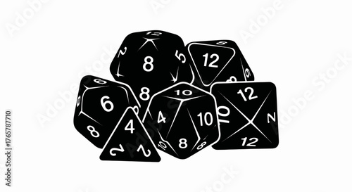 Black and white polyhedral dice set for RPG gaming. Tabletop role-playing game vector icon. Fantasy D&D graphic illustration
