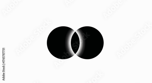 Two overlapping black circles with a glowing gradient intersection. Abstract eclipse or synergy concept. Minimalist vector logo illustration