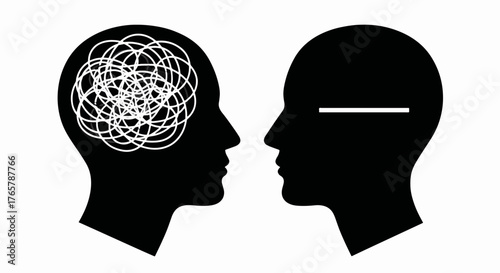 Chaos versus clarity concept illustration. Two head silhouettes representing a confused mind and a clear mind. Vector graphic for psychology and mental health