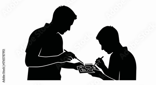Silhouette of a teacher and student soldering a circuit board. Electronics repair and engineering training concept. Minimalist black and white vector illustration