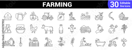 Farming line icon set. Editable line Agriculture, planting, gardening, farmers, vegetables, tractor collection. Vector illustration.