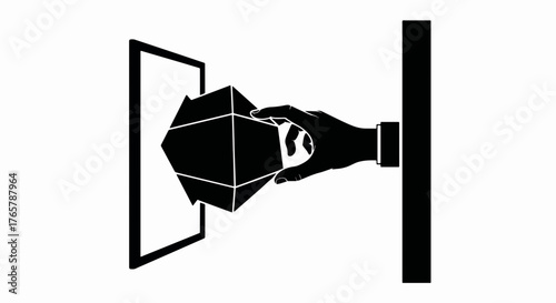 Hand placing a geometric object into a frame. Minimalist black and white vector illustration. Abstract technology and creation concept symbol