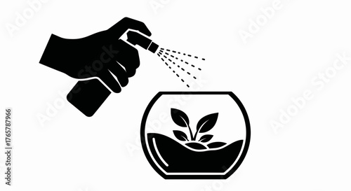 Hand spraying a plant in a terrarium icon. Minimalist vector illustration of plant care. Gardening and horticulture glyph symbol