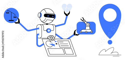 Robot with multiple arms holding justice scale, heart, robotic arm, and interface while pointing to location, symbolizing automation, law, innovation, health, positioning multitasking and a simple