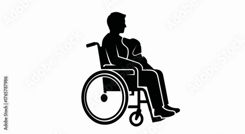 Person with a service dog in a wheelchair icon. Disability and assistance animal concept. Minimalist black silhouette vector illustration