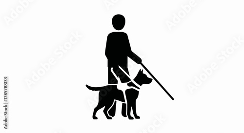Icon of a blind person with a guide dog and cane. Vector symbol for accessibility and visual impairment. Simple flat silhouette graphic