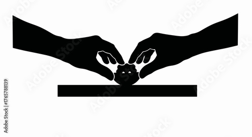 Silhouette icon of hands performing a precision assembly task. Minimalist vector graphic for manufacturing and careful handling. Industrial symbol of craftsmanship