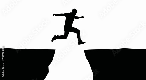 Silhouette of a man jumping over a gap. Overcoming obstacles and business challenge concept. Minimalist black and white vector illustration
