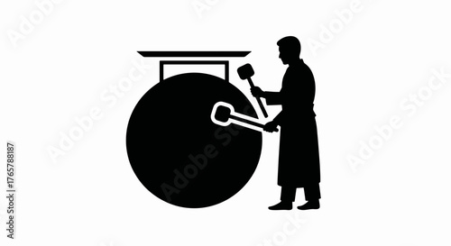 Silhouette icon of a person striking a large gong. Minimalist flat vector illustration of a traditional percussion instrument for music and ceremony
