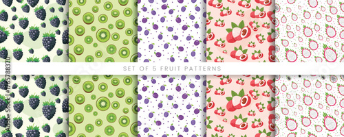 A vibrant collection of five unique, seamless fruit patterns in a modern flat vector style. Includes designs for blackberry, kiwi, plum, lychee, and dragon fruit.