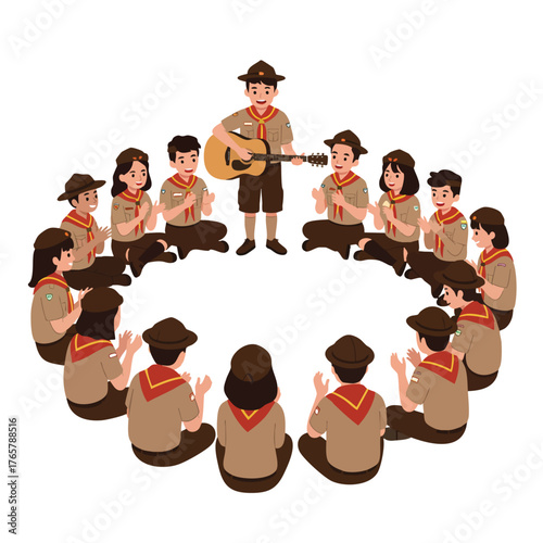 group of students sitting in a circle with their scout leader playing a guitar.