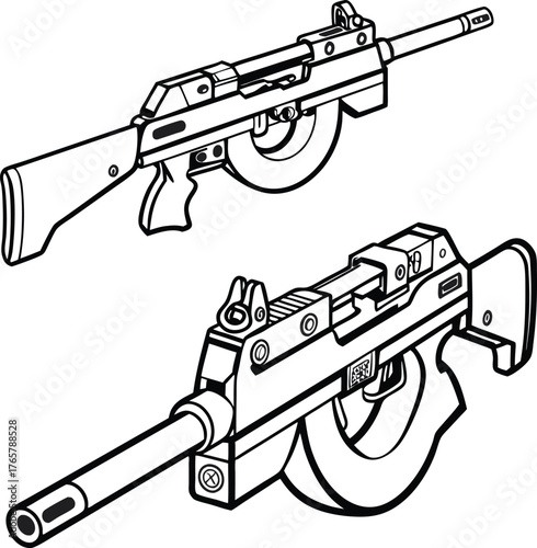 Detailed line art illustration showcasing powerful futuristic firearms for gaming, design, and military applications