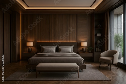 High-end dark wood bedroom interior with sleek ambient lighting, king-size bed, upholstered bench, and modern reading nook.