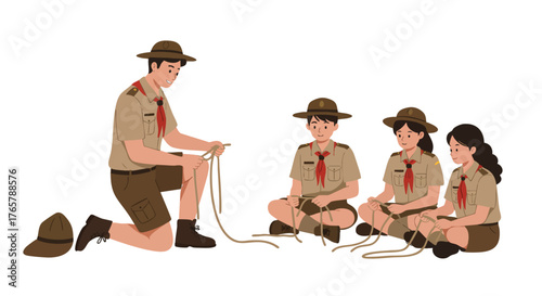 scout leader teaching knot-tying technique to students. 