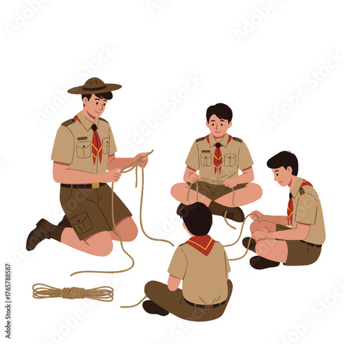 scout leader teaching knot-tying technique to students. 