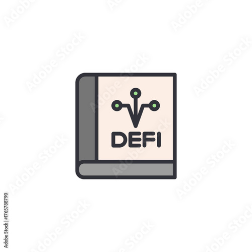 Flat illustration of “DeFi” logo with blockchain nodes, representing decentralized finance brand identity, crypto services, and blockchain connectivity.