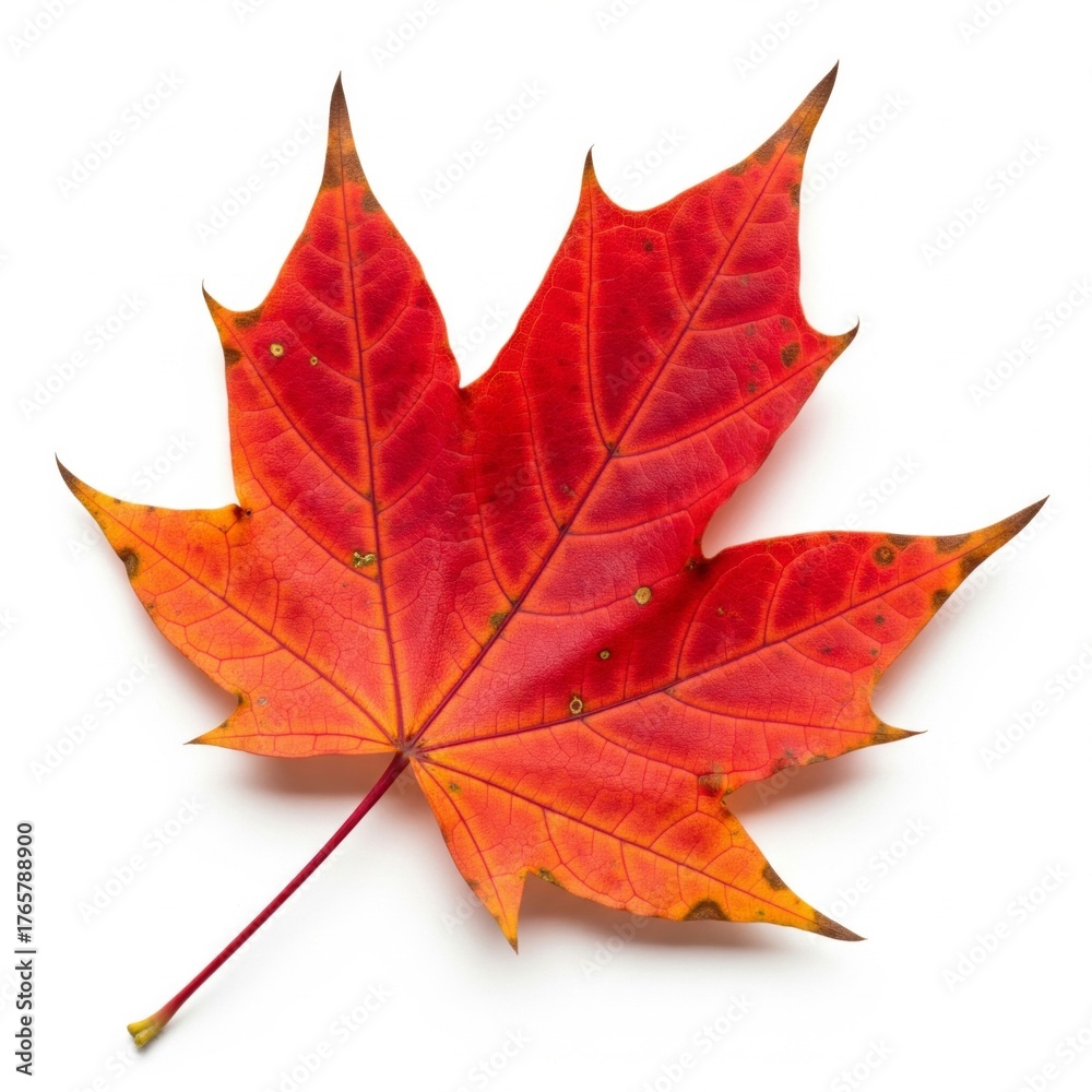 Obraz premium Single Vibrant Red and Orange Maple Leaf with Prominent Veins on White Background