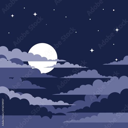 Vector illustration of a tranquil night scene, with the full moon shining brightly behind layers of clouds and stars in the dark sky