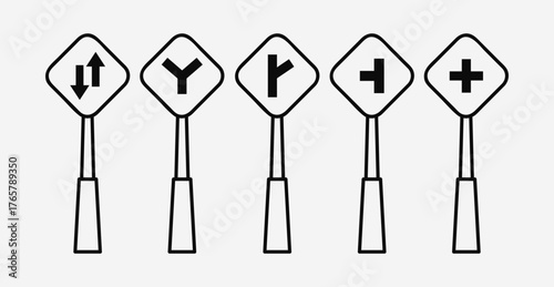 Outline road traffic control sign with pole for transportation, navigation, and map design